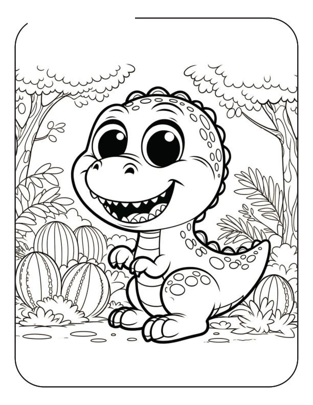 A curious baby dinosaur smiles wide in a prehistoric forest scene.