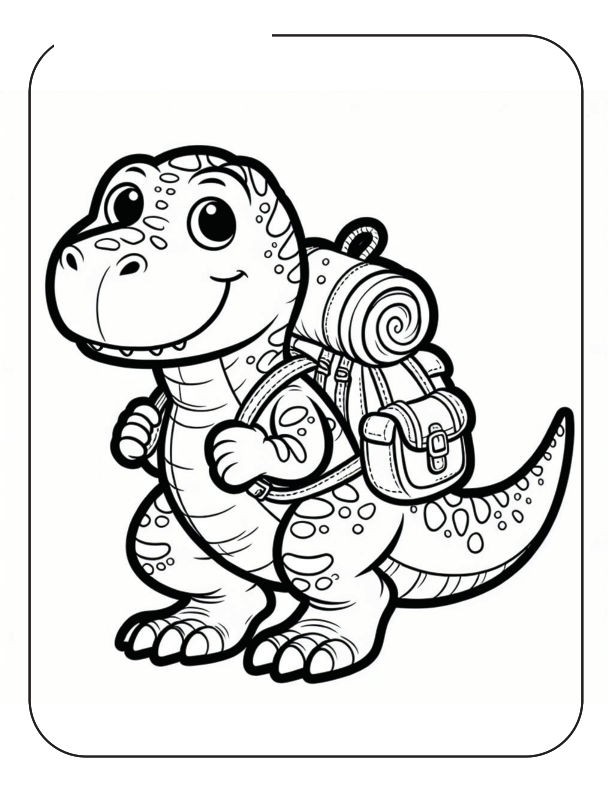 Where is this adventurous dinosaur going with a backpack full of supplies?