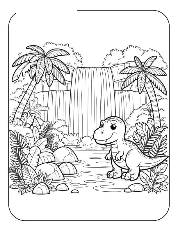This cute T-Rex is exploring a lush jungle with a beautiful waterfall.